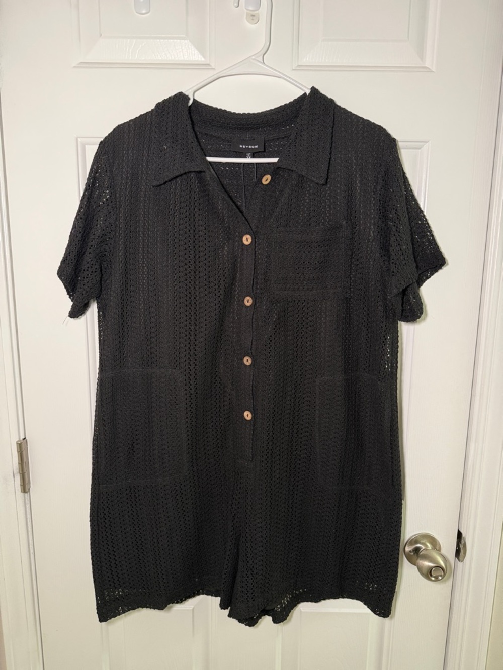 Woven Black Short-Sleeve Button Romper